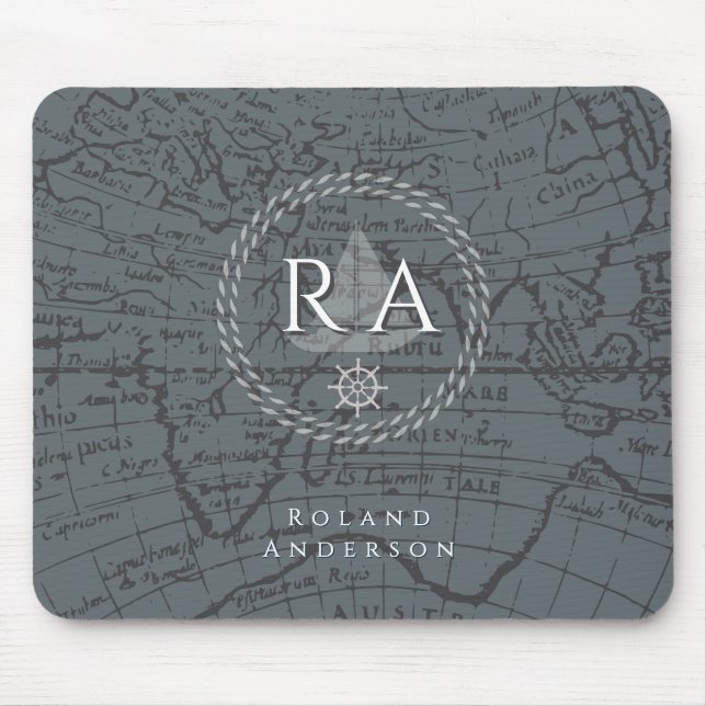 Alfombrilla De Ratón Mapa Monograma de Cuerda Náutica Gris (Frente)