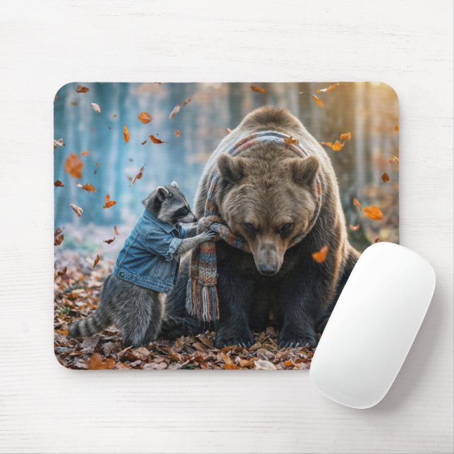 Alfombrilla De Ratón Mapache atando una bufanda a un oso (Con ratón)