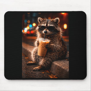 Alfombrilla De Ratón Mapache bebiendo café helado divertido mapache bas