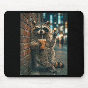 Alfombrilla De Ratón Mapache bebiendo café helado rock on meme divertid