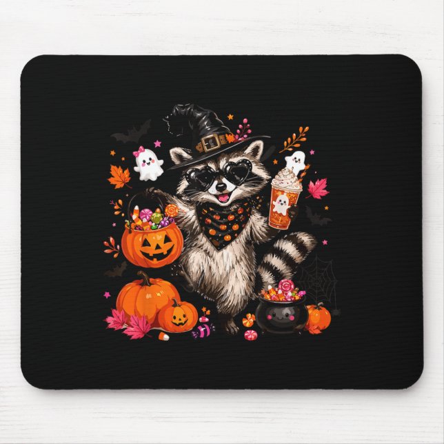 Alfombrilla De Ratón Mapache bruja de otoño mapache de Halloween bebien (Frente)