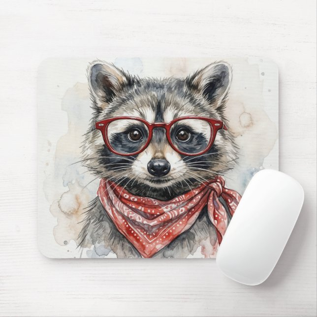 Alfombrilla De Ratón Mapache con gafas rojas (Con ratón)