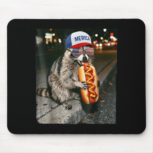 Alfombrilla De Ratón Mapache Lindo Comiendo Hotdog Divertido Meme Améri (Frente)