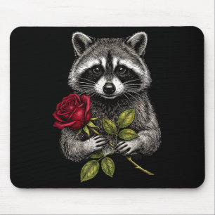 Alfombrilla De Ratón Mapache Lindo Sosteniendo Una Rosa Roja Mapache Du