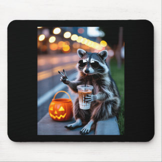 Alfombrilla De Ratón Mapache salvaje bebiendo café helado halloween