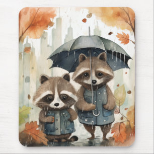 Alfombrilla De Ratón Mapaches Adorables en la Lluvia