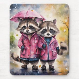 Alfombrilla De Ratón Mapaches Adorables en la Lluvia