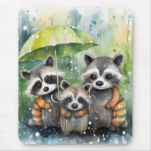 Alfombrilla De Ratón Mapaches Adorables en la Lluvia