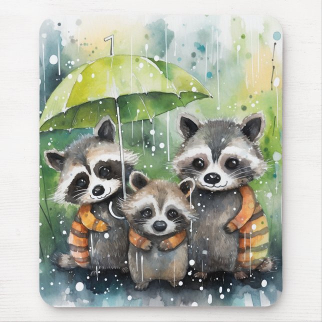 Alfombrilla De Ratón Mapaches Adorables en la Lluvia (Frente)