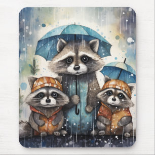 Alfombrilla De Ratón Mapaches Lindos en la Lluvia