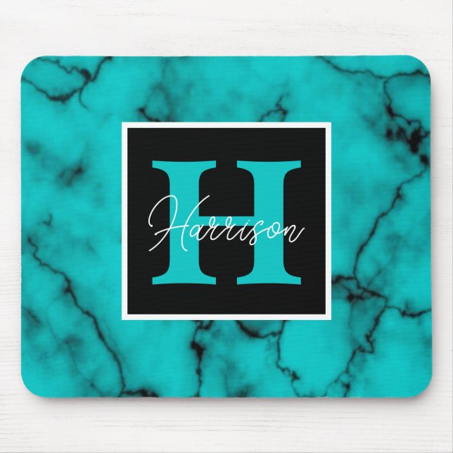 Alfombrilla De Ratón Marble turquesa Sofisticado nombre en monograma (Frente)
