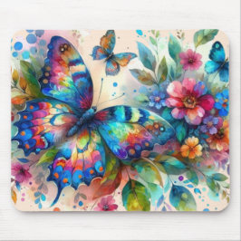 Alfombrilla De Ratón Mariposa acuarela Flores Florales Rosa Azul
