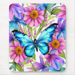 Alfombrilla De Ratón Mariposa azul en un campo de flores