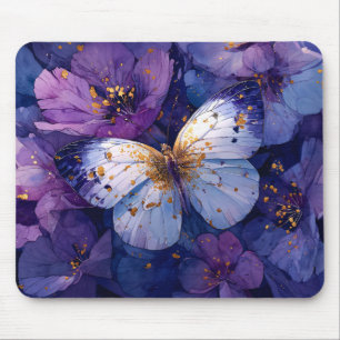 Alfombrilla De Ratón Mariposa Azul sobre Flores Púrpuras
