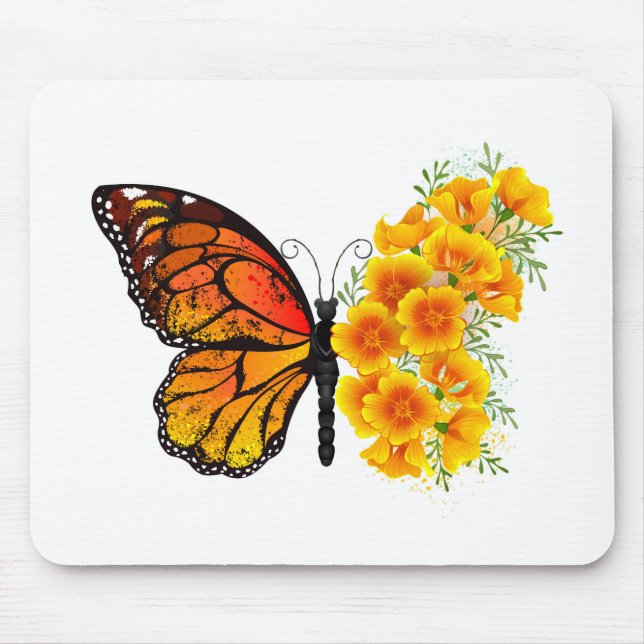 Alfombrilla De Ratón Mariposa de flores con amapola amarilla de Califor (Frente)
