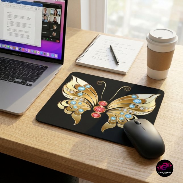 Alfombrilla De Ratón Mariposa De Oro Adorada Con Gemas (Upgrade your workspace with gold jeweled butterfly impact ✨)