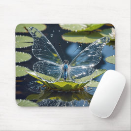 Alfombrilla De Ratón Mariposa de vidrio sobre hoja de nenúfar