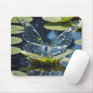 Alfombrilla De Ratón Mariposa de vidrio sobre hoja de nenúfar