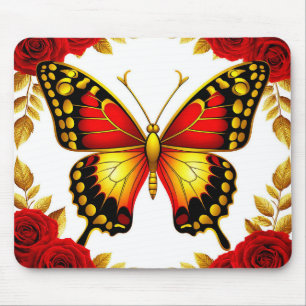 Alfombrilla De Ratón Mariposa Dorada Con Rosas Rojas Y Hojas Doradas