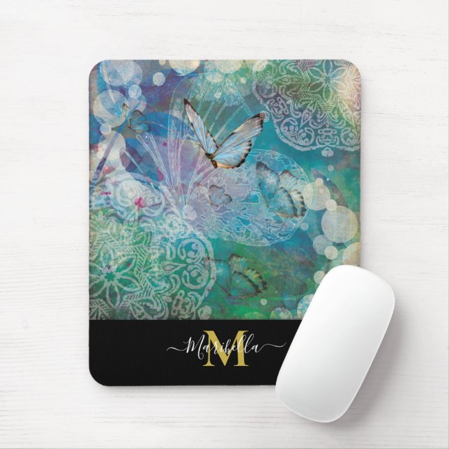 Alfombrilla De Ratón Mariposa Mandala Personaliza Monograma Mouse Pad (Con ratón)