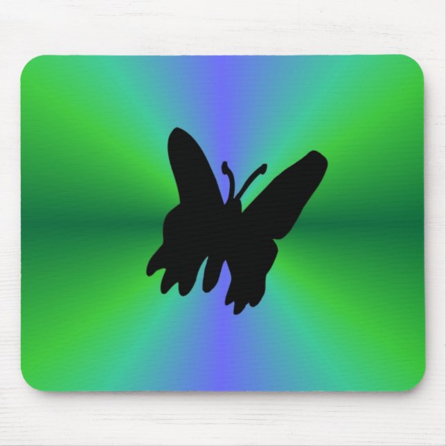 Alfombrilla De Ratón Mariposa negra en arcoiris verde azul (Frente)