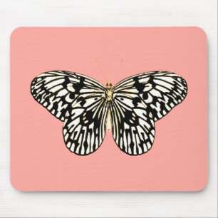 Alfombrilla De Ratón Mariposa negra y blanca, fondo rosa de coral