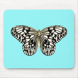 Alfombrilla De Ratón Mariposa negra y blanca, fondo turquesa