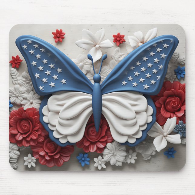 ALFOMBRILLA DE RATÓN MARIPOSA PATRIOTA AZUL ROJO Y FLORES (Frente)