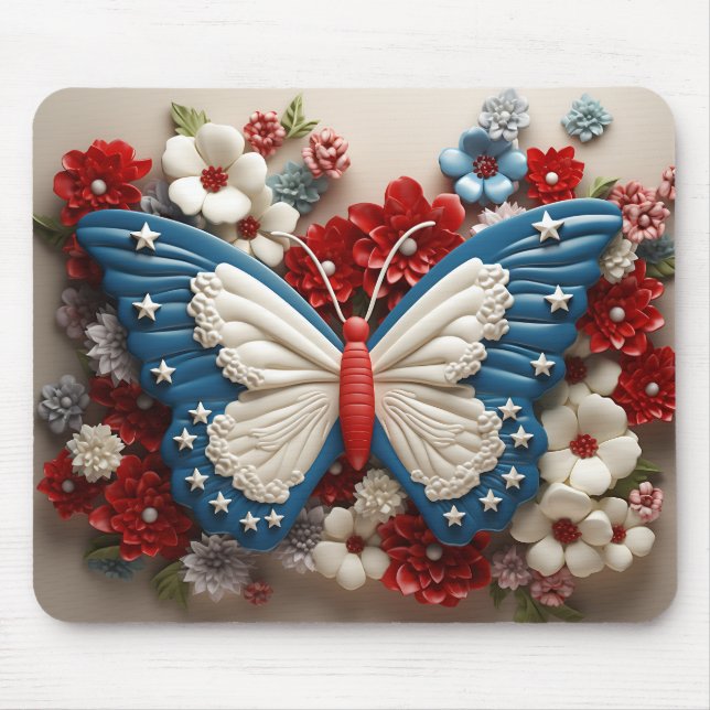 ALFOMBRILLA DE RATÓN MARIPOSA PATRIOTA AZUL ROJO Y FLORES (Frente)