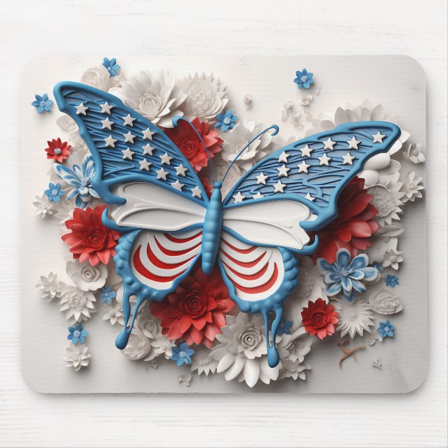 ALFOMBRILLA DE RATÓN MARIPOSA PATRIOTA AZUL ROJO Y FLORES (Frente)