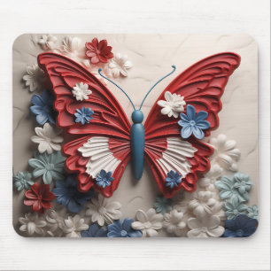ALFOMBRILLA DE RATÓN MARIPOSA PATRIOTA AZUL ROJO Y FLORES