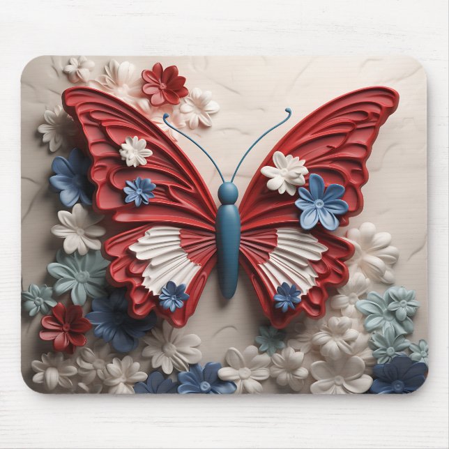 ALFOMBRILLA DE RATÓN MARIPOSA PATRIOTA AZUL ROJO Y FLORES (Frente)