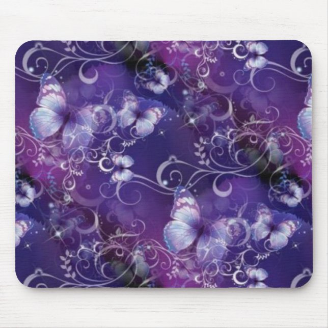 Alfombrilla De Ratón Mariposa, remolinos florales en Mousepad púrpura (Frente)