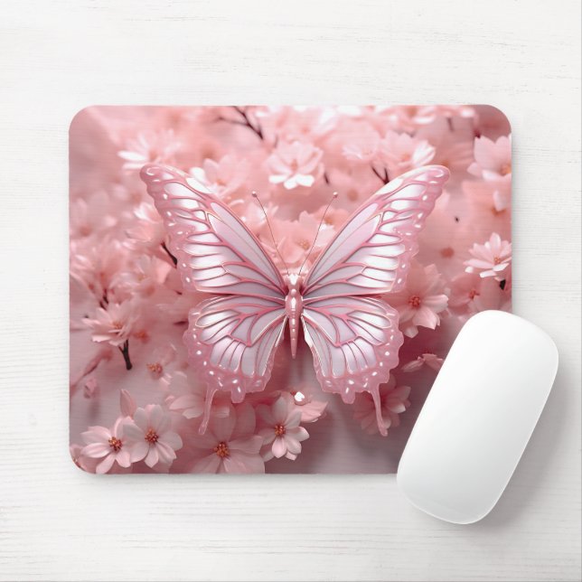 Alfombrilla De Ratón Mariposa Rosa 3D En Flores (Con ratón)