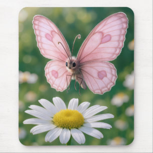 Alfombrilla De Ratón Mariposa Rosa Femenina Revoloteando Sobre una Marg