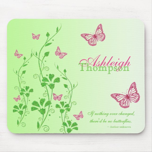 Alfombrilla De Ratón Mariposa rosada y verde Mousepad floral (Frente)