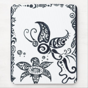Alfombrilla De Ratón Mariposa tribal en mousepad negro de la tinta