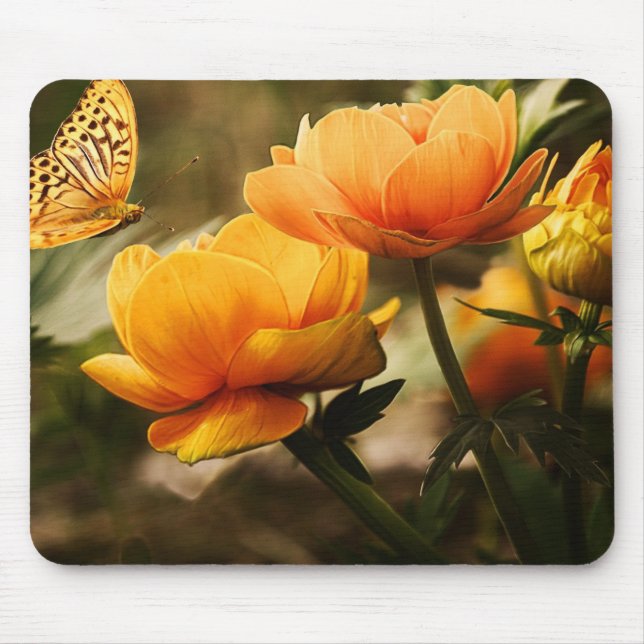 Alfombrilla De Ratón Mariposa y flores naranjas (Frente)