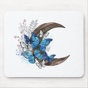 Alfombrilla De Ratón Mariposas azules sobre la media luna de madera