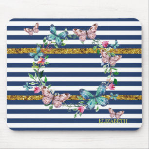 Alfombrilla De Ratón Mariposas de Chic Moderno Femenino Rayas de Manteq