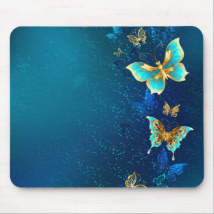 Alfombrilla De Ratón Mariposas doradas sobre fondo azul