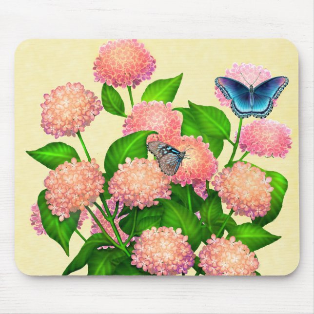 Alfombrilla De Ratón Mariposas en los Hydrangeas rosados Mousepad (Frente)