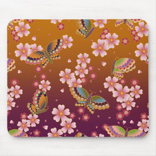 Alfombrilla De Ratón Mariposas japonesas en medio del Sakura florecen c (Frente)