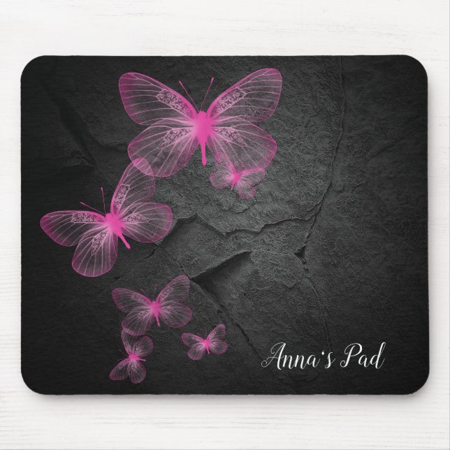 Alfombrilla De Ratón Mariposas Rosadas En Rock Negro (Frente)