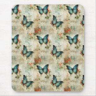 Alfombrilla De Ratón Mariposas Turquesa Vintage Floral Rústico
