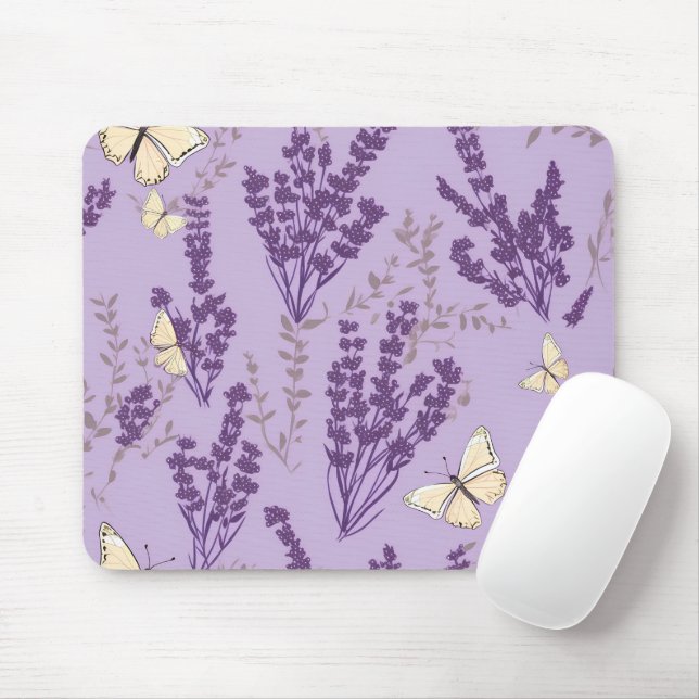 Alfombrilla De Ratón Mariposas y flores de lavanda (Con ratón)