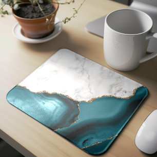 Alfombrilla De Ratón Mármol Blanco Agata Azul Teal Dorado