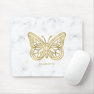 Alfombrilla De Ratón Mármol blanco y mariposa geométrica de oro