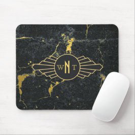 Alfombrilla De Ratón Mármol de oro negro tres letras Monograma Art Deco