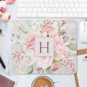 Alfombrilla De Ratón Mármol Floral de Rosa Elegante Monograma
